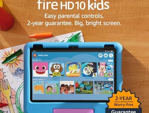Amazon Fire HD 10 Kids tablet (newest model) ages 3-7 | Bright 10.1″ HD screen with included ad-free and exclusive content, robust parental controls, 13-hr battery, 32 GB, Blue